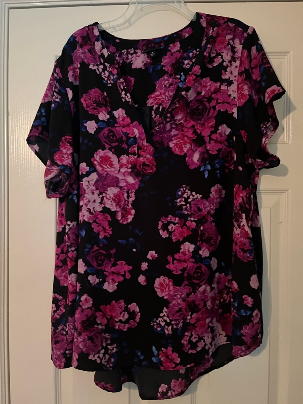 Torrid Floral Sheer Split-Neck Women’s Top in Magenta and Black